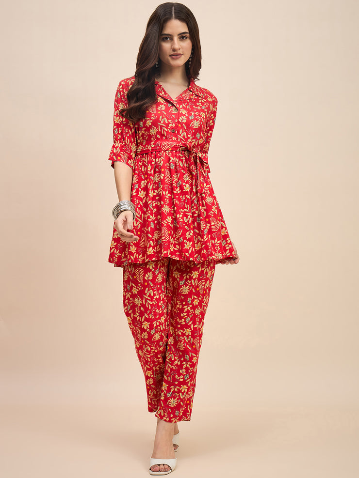 Stylish Women's Red Cotton Co-ord Set