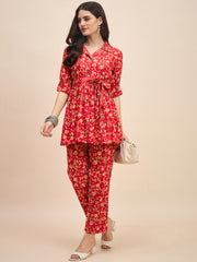 Stylish Women's Red Cotton Co-ord Set