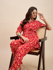 Stylish Women's Red Cotton Co-ord Set