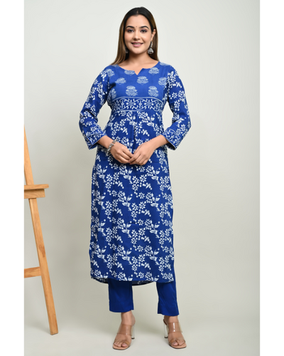 Truvon Women's Cotton Printed Kurta with Pant Set for Women (Blue)(DN09)