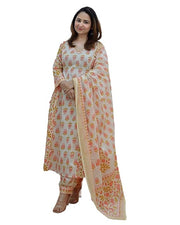 Truvon Women's Cotton Printed Anarkali Kurta with Palazzo & Dupatta Set