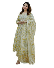 Truvon Women's Cotton Printed Anarkali Kurta with Palazzo & Dupatta Set