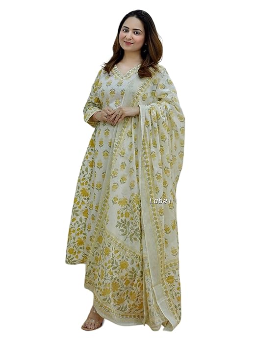 Truvon Women's Cotton Printed Anarkali Kurta with Palazzo & Dupatta Set