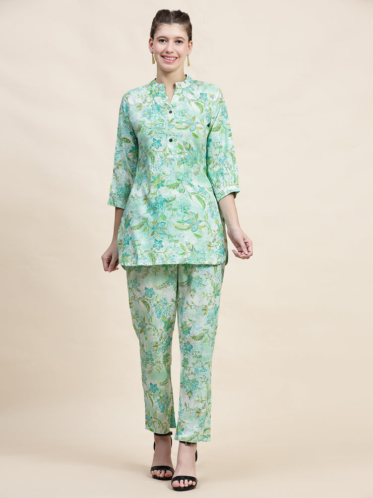 Stylish Sea Green Floral Cotton Co-ord Set