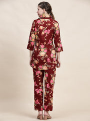 Stylish Mehroon Floral Cotton Co-ord Set