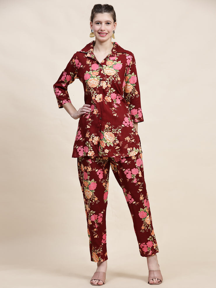 Stylish Mehroon Floral Cotton Co-ord Set