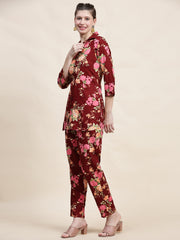 Stylish Mehroon Floral Cotton Co-ord Set