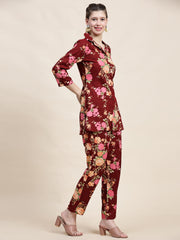 Stylish Mehroon Floral Cotton Co-ord Set