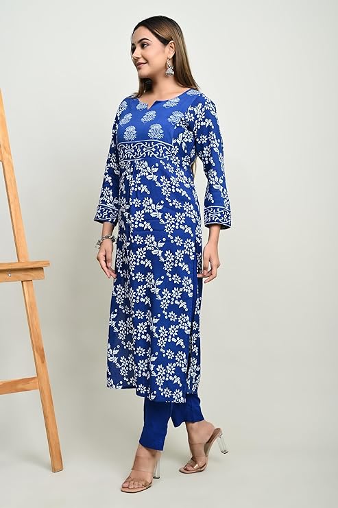 Truvon Women's Cotton Printed Kurta with Pant Set for Women (Blue)(DN09)