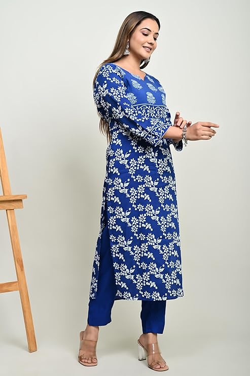 Truvon Women's Cotton Printed Kurta with Pant Set for Women (Blue)(DN09)