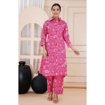 Truvon Women's co-ord Set Straight Printed Cotton Kurta with Pant (Pink)(DN13)