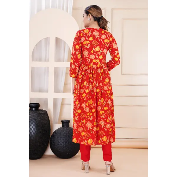 Truvon Women's Cotton Printed Kurta with Pant Set for Women (Red)(DN06)