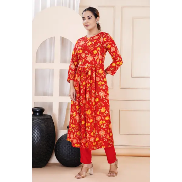 Truvon Women's Cotton Printed Kurta with Pant Set for Women (Red)(DN06)