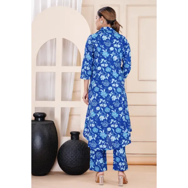 Truvon Women's Cotton Printed Kurta with Pant Set for Women (Blue)(DN06)