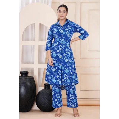 Truvon Women's Cotton Printed Kurta with Pant Set for Women (Blue)(DN06)