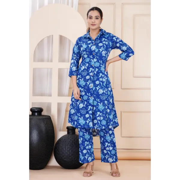 Truvon Women's Cotton Printed Kurta with Pant Set for Women (Blue)(DN06)