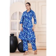 Truvon Women's Cotton Printed Kurta with Pant Set for Women (Blue)(DN06)