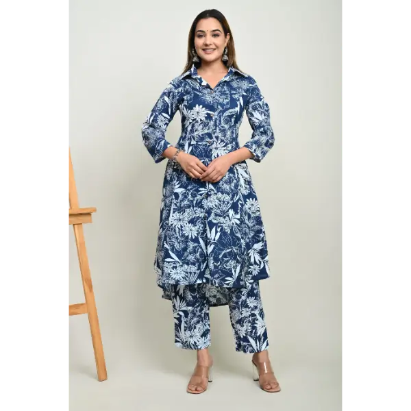 Truvon Women's co-ord Set Straight Printed Cotton Kurta with Pant (Blue)(DN10)