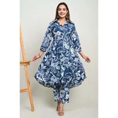 Truvon Women's co-ord Set Straight Printed Cotton Kurta with Pant (Blue)(DN10)