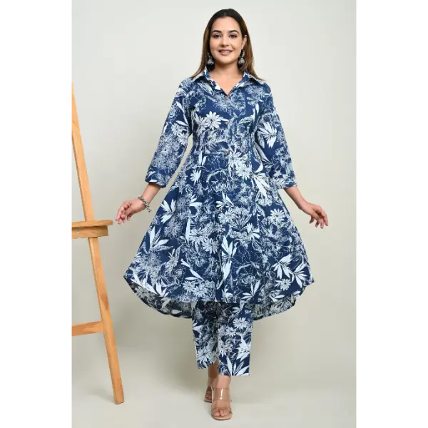 Truvon Women's co-ord Set Straight Printed Cotton Kurta with Pant (Blue)(DN10)