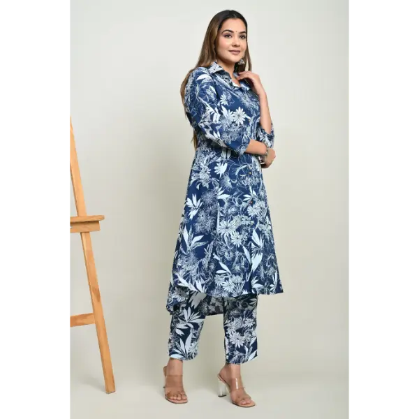 Truvon Women's co-ord Set Straight Printed Cotton Kurta with Pant (Blue)(DN10)