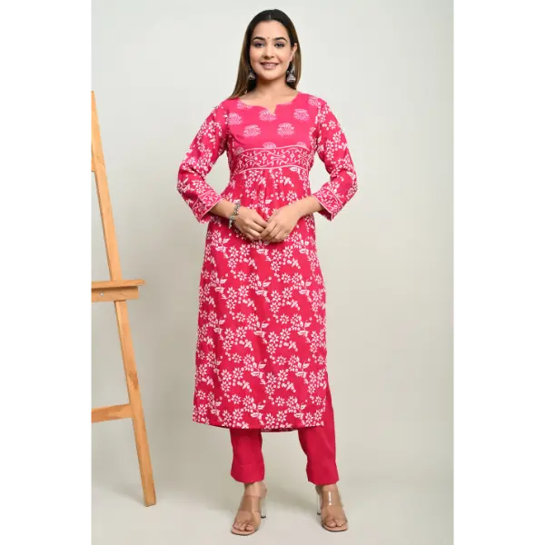 Truvon Women's Cotton Printed Kurta with Pant Set for Women (Pink)(DN09)