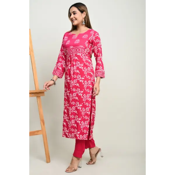 Truvon Women's Cotton Printed Kurta with Pant Set for Women (Pink)(DN09)