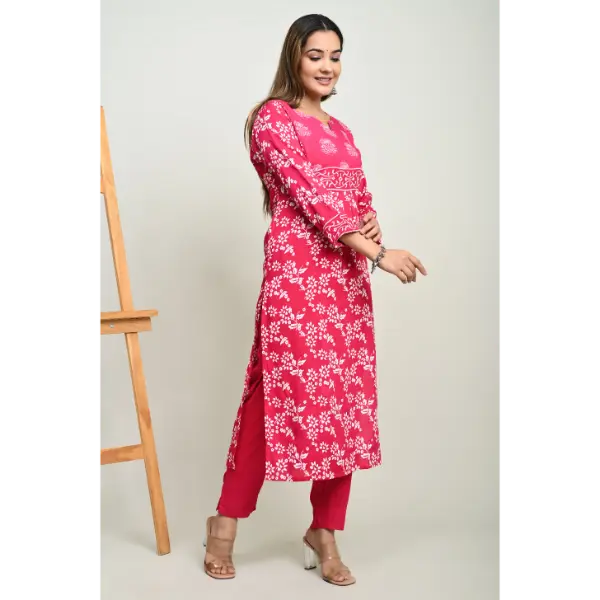 Truvon Women's Cotton Printed Kurta with Pant Set for Women (Pink)(DN09)