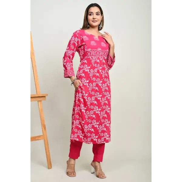 Truvon Women's Cotton Printed Kurta with Pant Set for Women (Pink)(DN09)