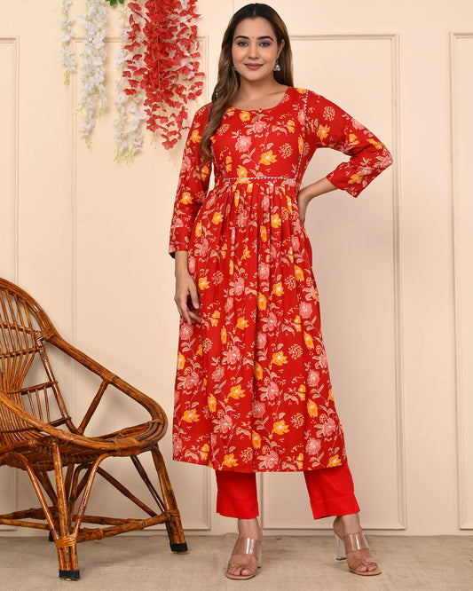 Truvon Women's Cotton Printed Kurta with Pant Set for Women (Red)(DN06)
