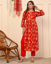 Truvon Women's Cotton Printed Kurta with Pant Set for Women (Red)(DN06)