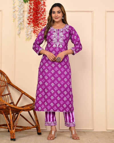 Truvon Fashions Women Cotton Printed Embroidered Kurta with Pant (DN03)