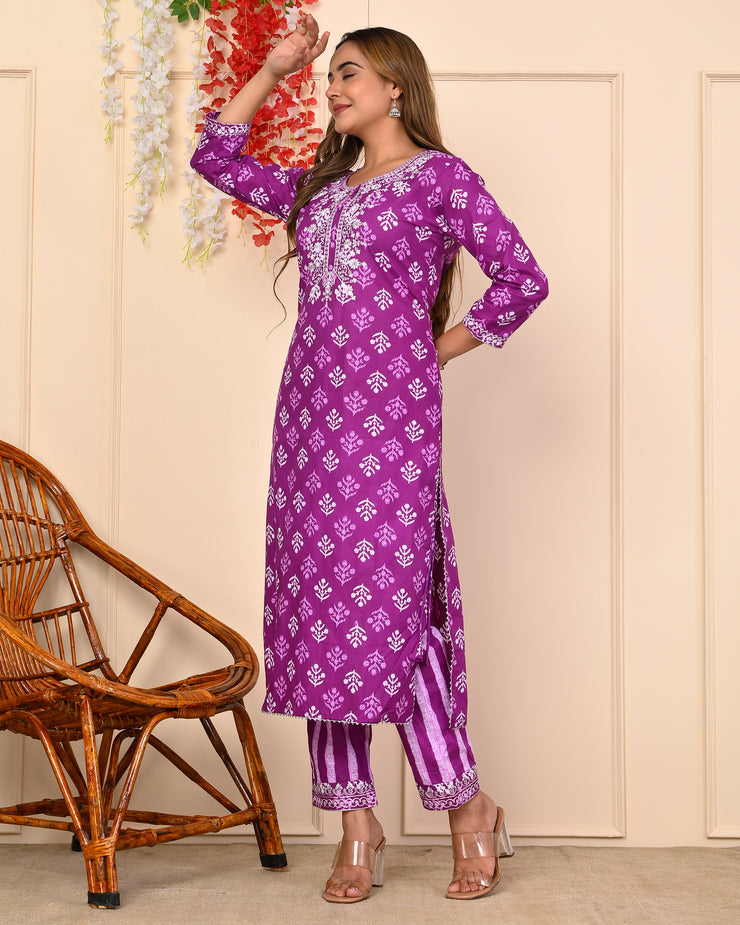 Truvon Fashions Women Cotton Printed Embroidered Kurta with Pant (DN03)