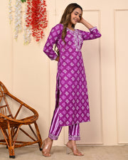 Truvon Fashions Women Cotton Printed Embroidered Kurta with Pant (DN03)