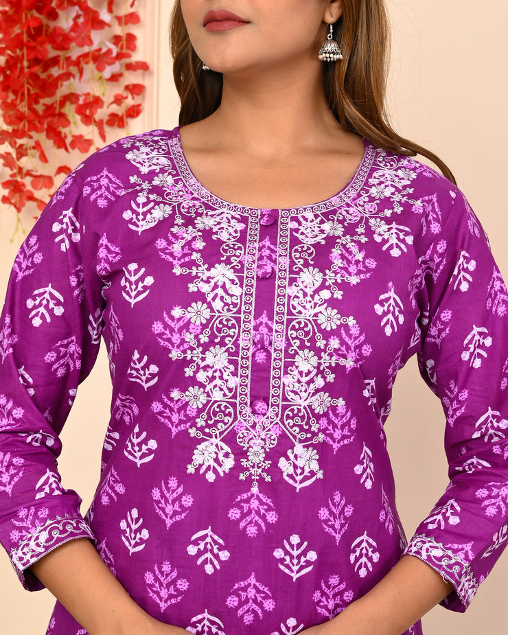 Truvon Fashions Women Cotton Printed Embroidered Kurta with Pant (DN03)