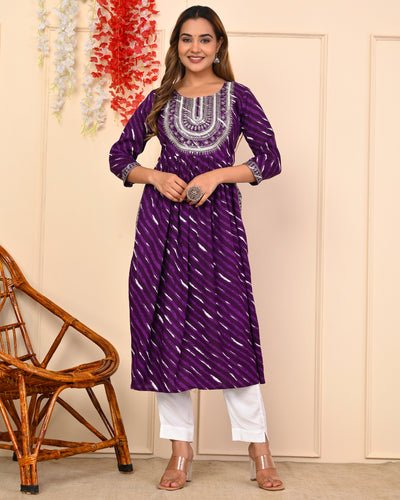 Truvon Women's Heavy Rayon Embroidered Beautiful Women Straight Kurti with Pant, Festive,Purple (DN01)