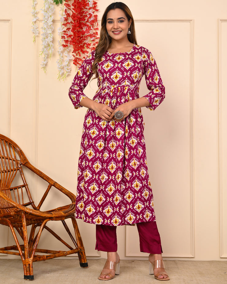 Truvon Fashions Women Cotton Printed Kurta with Pant (DN07) (Maroon)