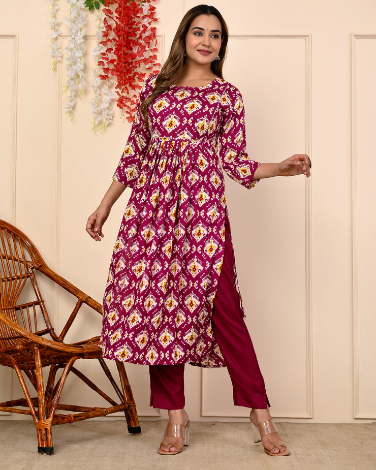 Truvon Fashions Women Cotton Printed Kurta with Pant (DN07) (Maroon)