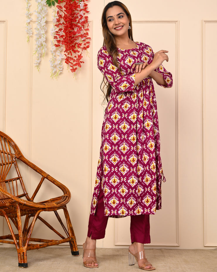 Truvon Fashions Women Cotton Printed Kurta with Pant (DN07) (Maroon)