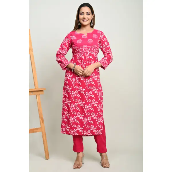 Truvon Women's Cotton Printed Kurta with Pant Set for Women (Pink)(DN09)