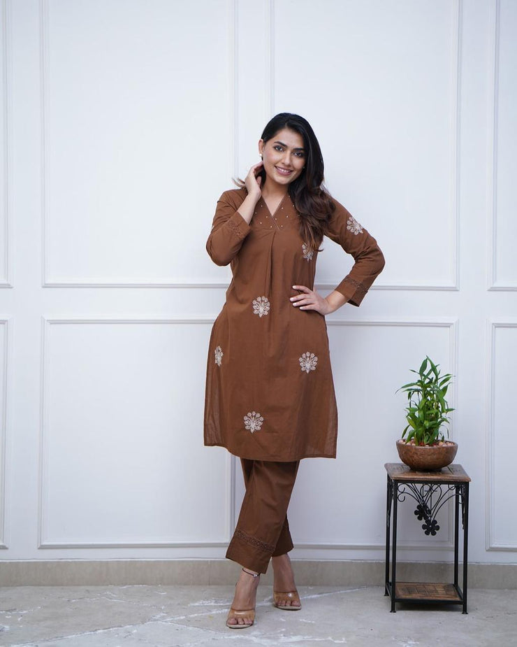 Beautiful embroidery Brown Coord Set