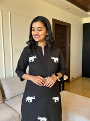 Beautiful Black Cotton Elephant Embroidery Coord Set