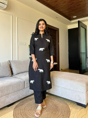 Beautiful Black Cotton Elephant Embroidery Coord Set