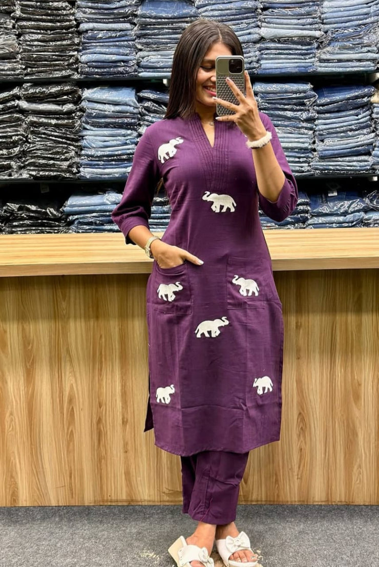 Beautiful Purple Cotton Elephant Embroidery Coord Set