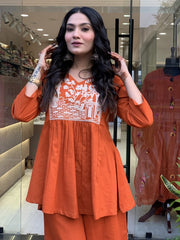 Beautiful Orange Embroidery Cotton Co-ord Set