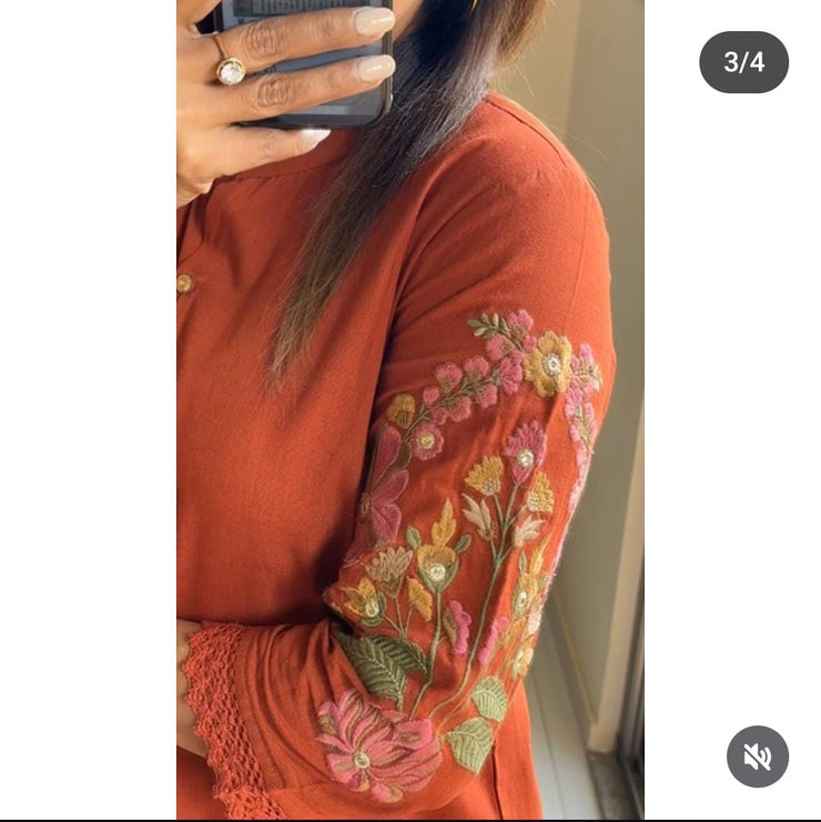 Rust Orange Embroidered Cotton Coord Set