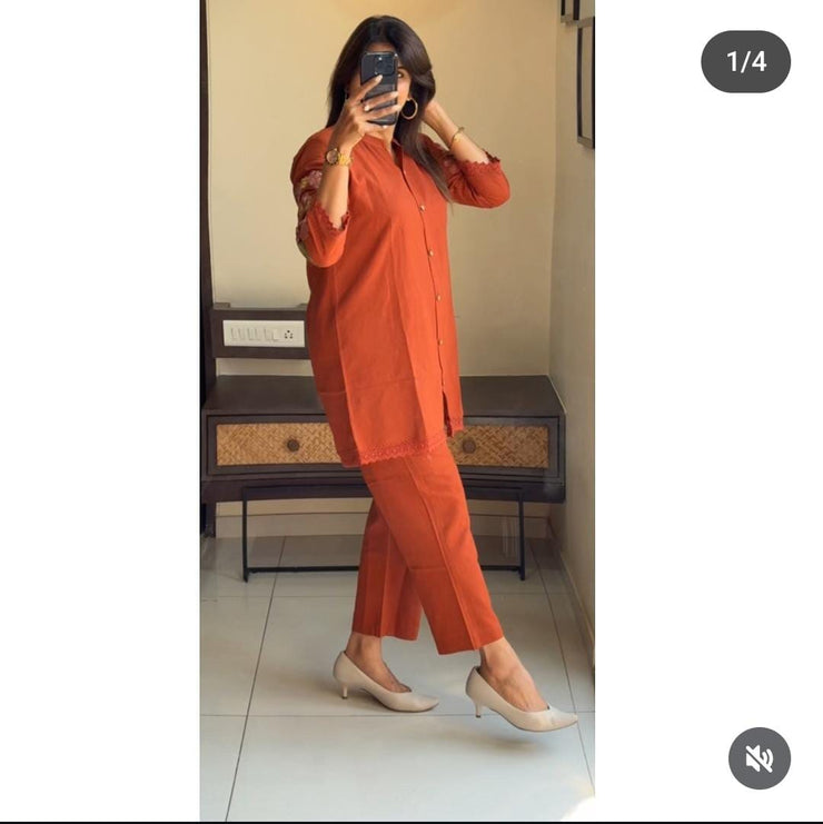 Rust Orange Embroidered Cotton Coord Set